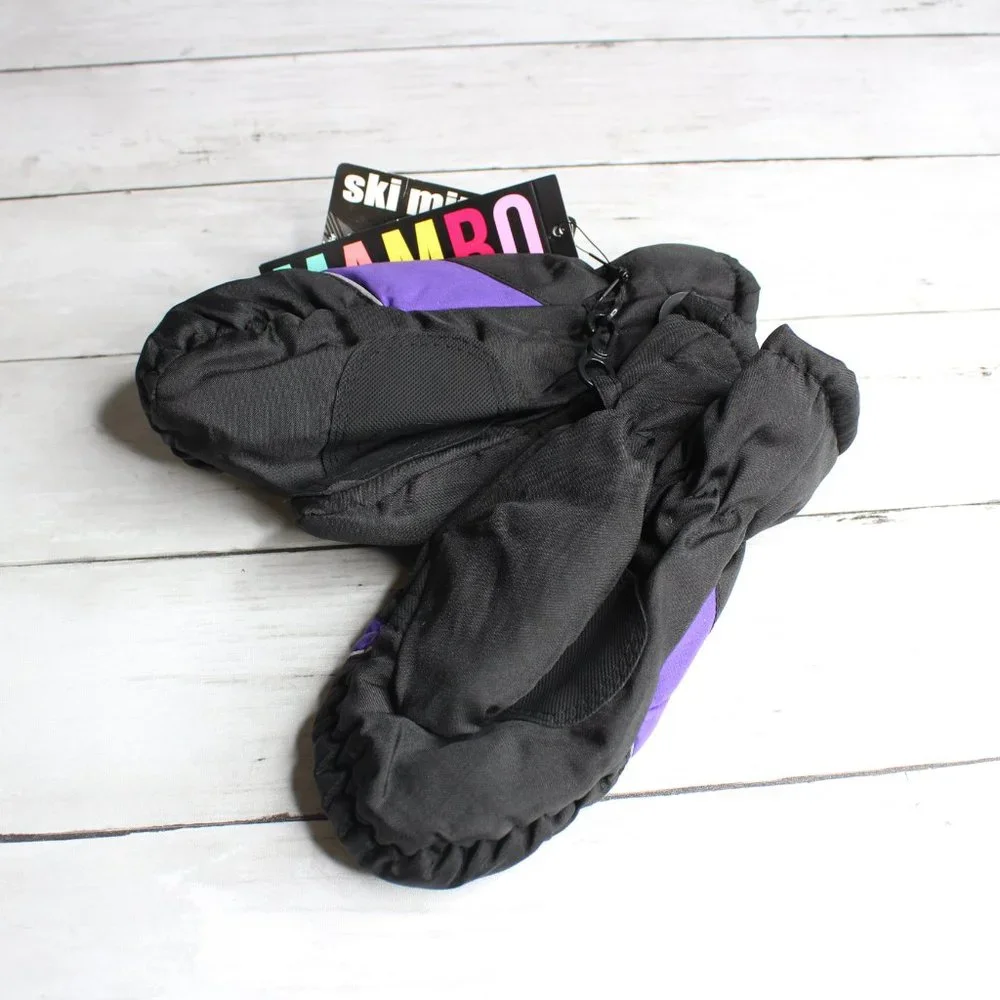 Mambo Girl Winter Ski Mittens Youth Size 7-10 Black Purple Fleece Lined